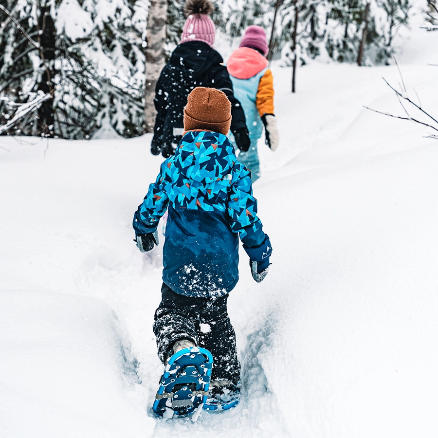 Vue de dos d'un groupe d'enfants qui marchent dans la neige en raquettes