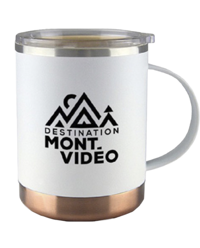 Tasse de voyage blanche avec logo noir du Mont-Vidéo